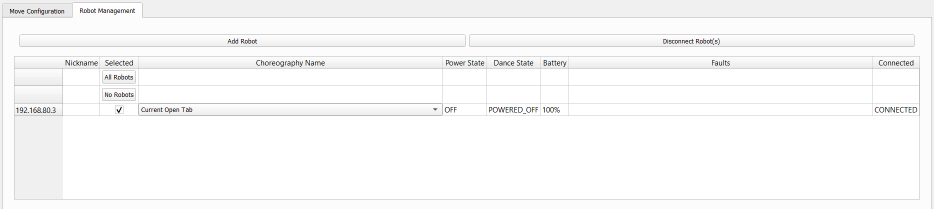 Robot Management tab